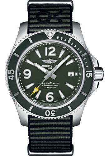 Pre-owned Breitling Superocean Automatic 44 Outerknown Watch - Stainless Steel - Green Dial - Khaki Green Econyl® Yarn Strap - Tang Buckle - A17367A11L1W1