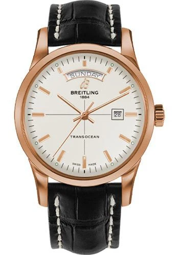 Breitling Transocean Day & Date Watch - 43mm Red Gold Case - Mercury Silver Dial - Black Croco Strap - R4531012/G752/744P/R20D.1