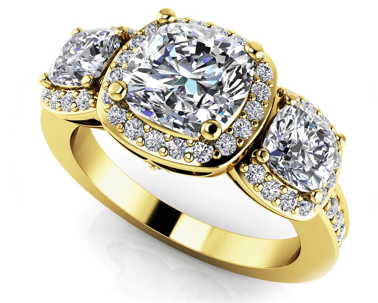 Classic Three Stone Cushion Cut Diamond Halo Diamond Ring with 2.91 ct. (1.50 ct. center diamond) - Image 2