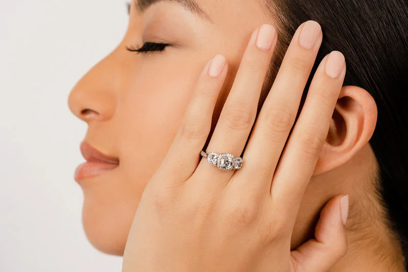 Classic Three Stone Cushion Cut Diamond Halo Diamond Ring with 2.91 ct. (1.50 ct. center diamond) - Image 4