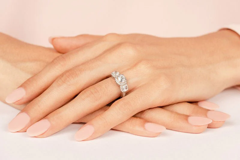 Classic Three Stone Cushion Cut Diamond Halo Diamond Ring with 2.91 ct. (1.50 ct. center diamond) - Image 5