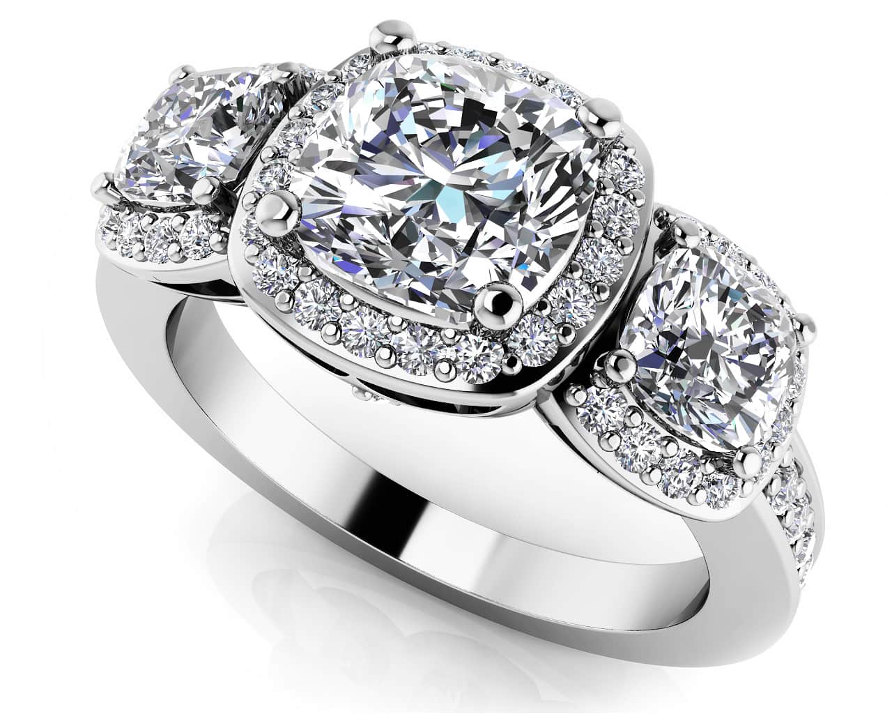 Classic Three Stone Cushion Cut Diamond Halo Lab-Grown Diamond Ring with 2.91 ct. (1.50 ct. center diamond)