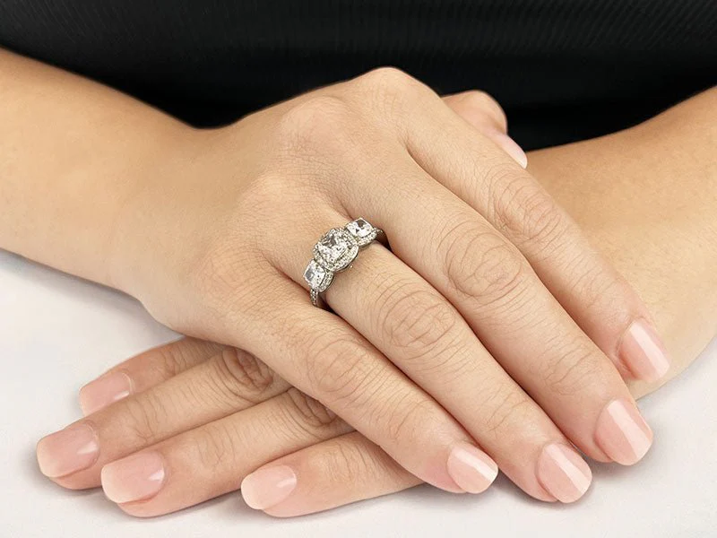 Classic Three Stone Cushion Cut Diamond Halo Lab-Grown Diamond Ring with 2.91 ct. (1.50 ct. center diamond) - Image 3