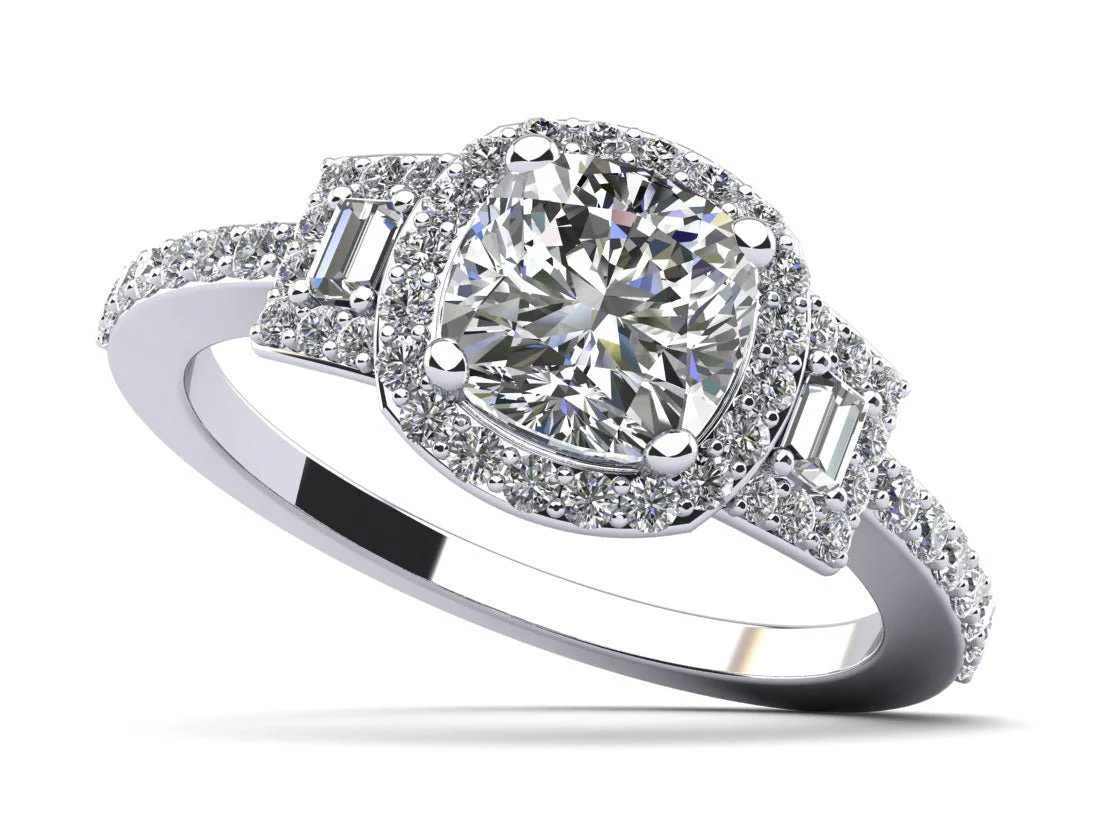 Cushion Cut and Baguettes Diamond Engagement Ring with 1.48 ct. (1.00 ct. center diamond)