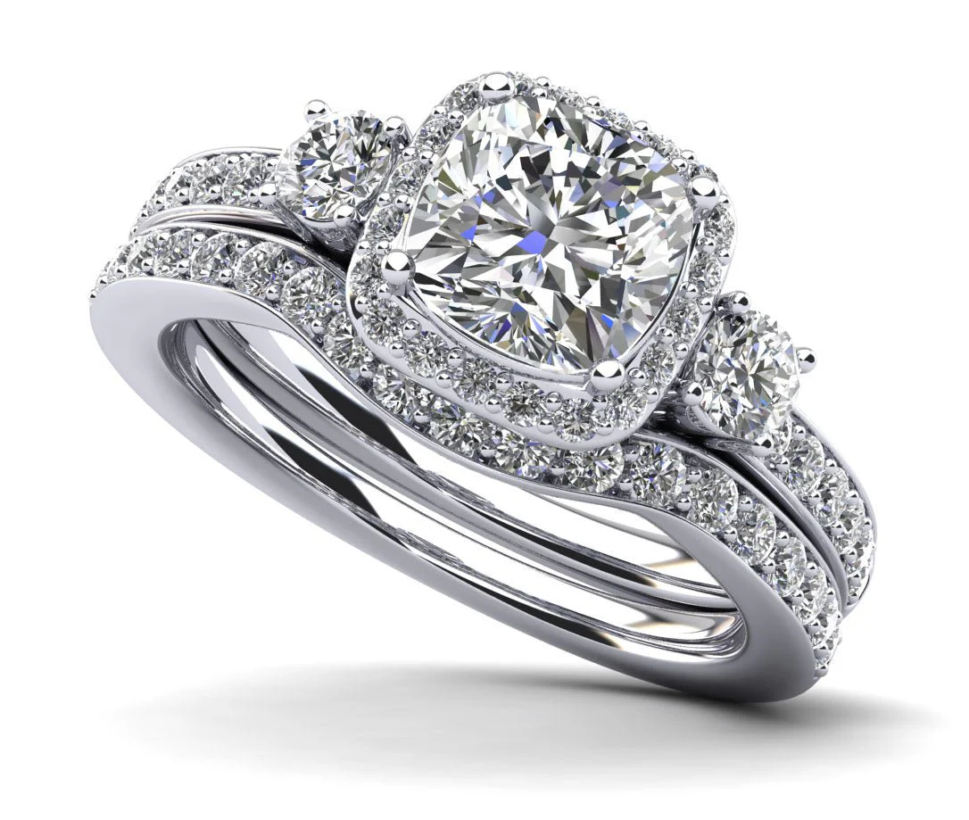 Cushion Cut Halo Diamond Bridal Set Ring with Side Stones Diamond with 1.82 ct. (1.00 ct. center diamond)