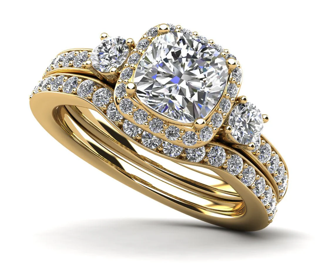 Cushion Cut Halo Diamond Bridal Set Ring with Side Stones Diamond with 2.32 ct. (1.50 ct. center diamond) - Image 2