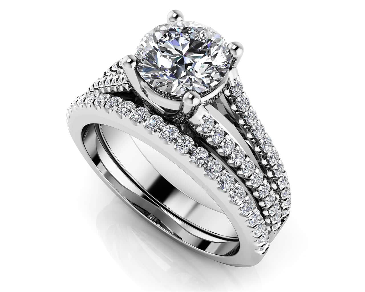 Diamond Lined Split Shank Matching Wedding Set Diamond with 0.99 ct. (0.50 ct. center diamond)