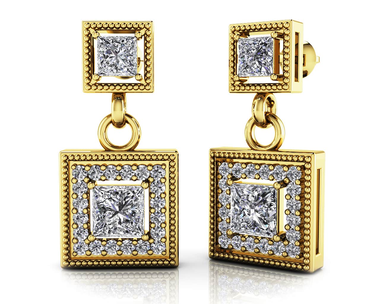 Diamond Square Drop Lab-Grown Diamond Earrings with 1.38 ct.(finished) 1.1mm, 3mm, 4mm - Image 2