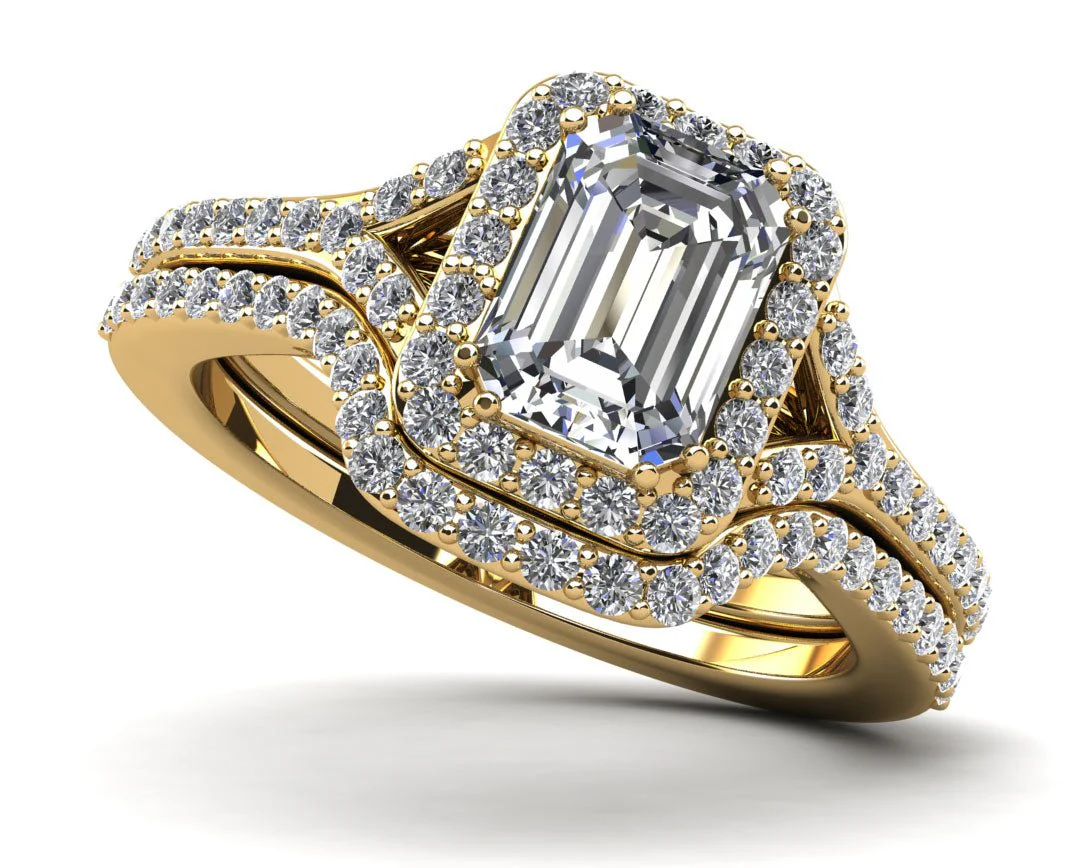 Emerald Cut Halo Diamond Bridal Set Ring with Split Shank Diamond  with 2.20 ct. (1.50 ct. center diamond) - Image 2