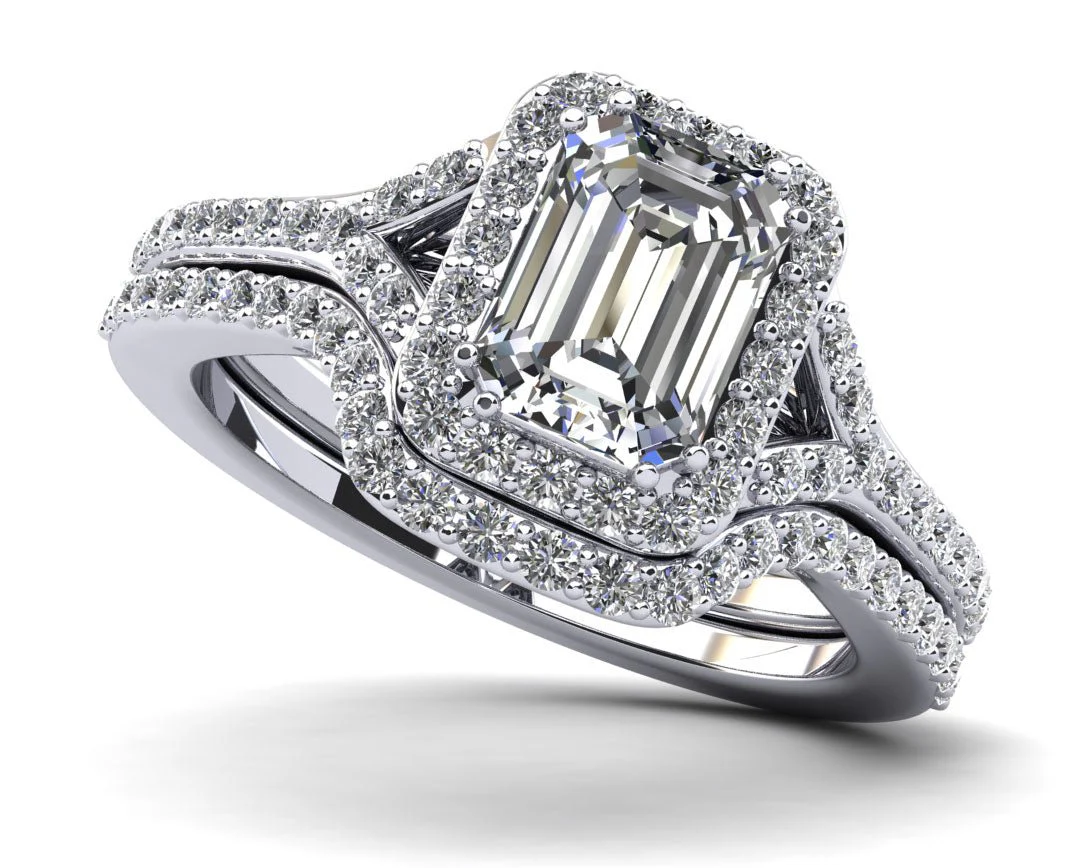 Emerald Cut Halo Diamond Bridal Set Ring with Split Shank Lab-Grown Diamond with 1.58 ct. (1.00 ct. center diamond)