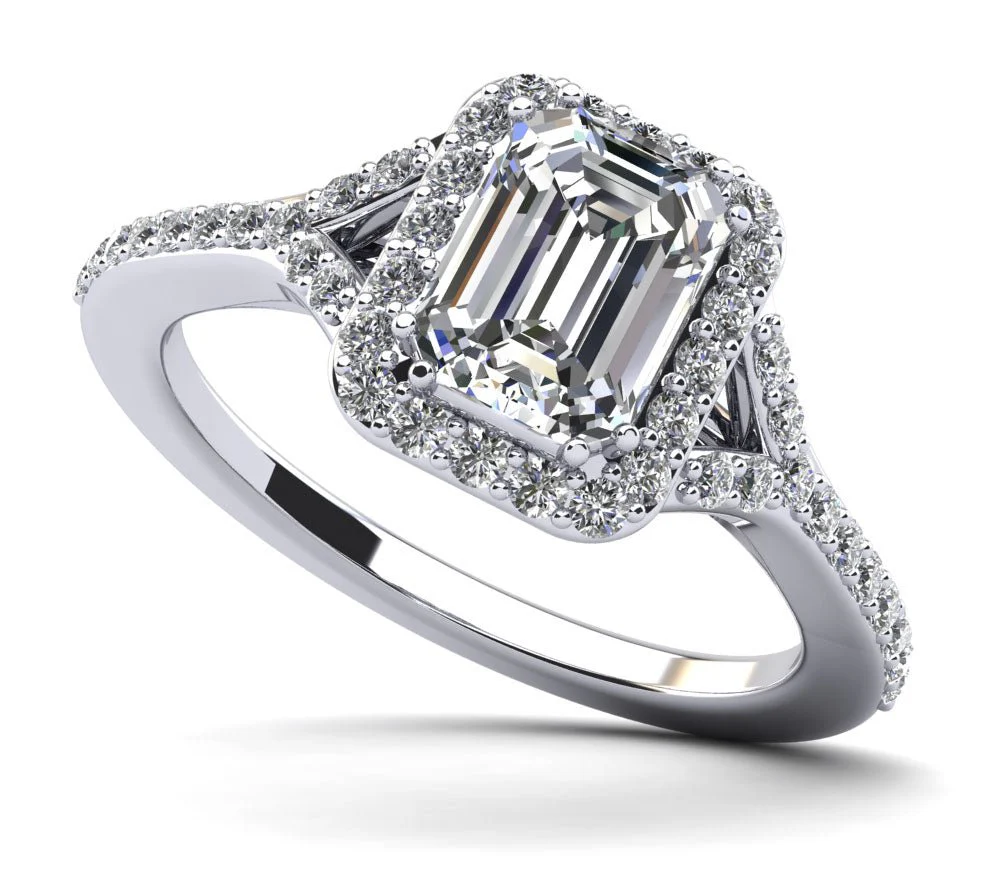 Emerald Cut Halo Diamond Engagement Ring with Split Shank Lab-Grown Diamond with 1.94 ct. (1.50 ct. center diamond)