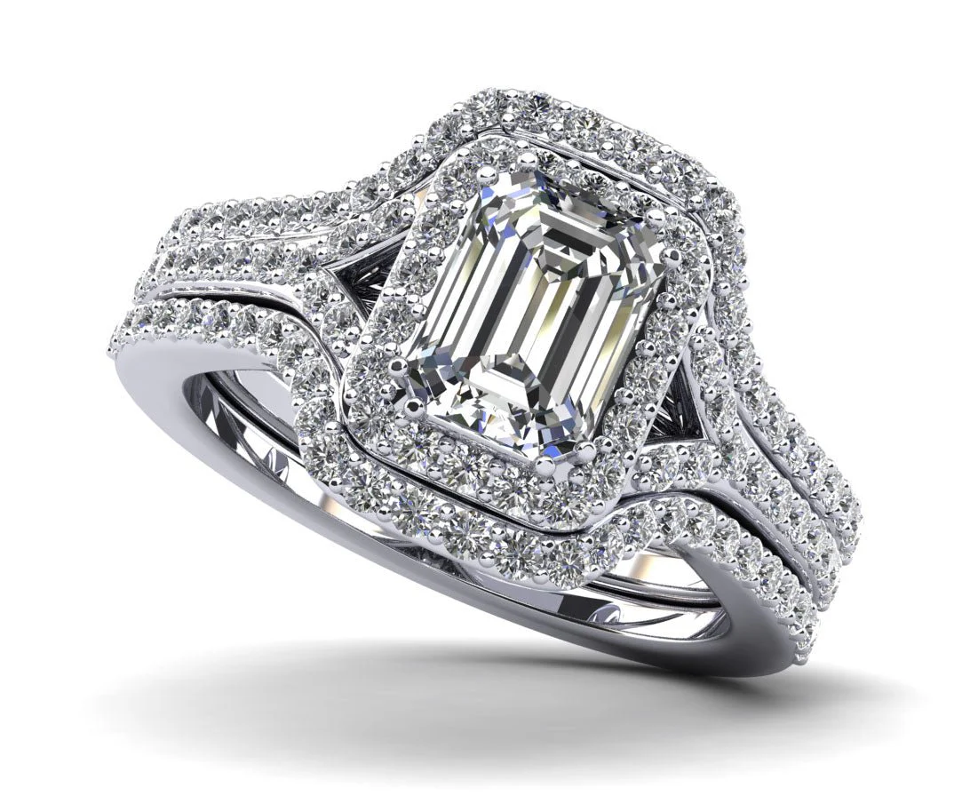 Emerald Cut Halo Diamond Wedding Set Ring with Split Shank Diamond with 3.25 ct. (2.00 ct. center diamond)