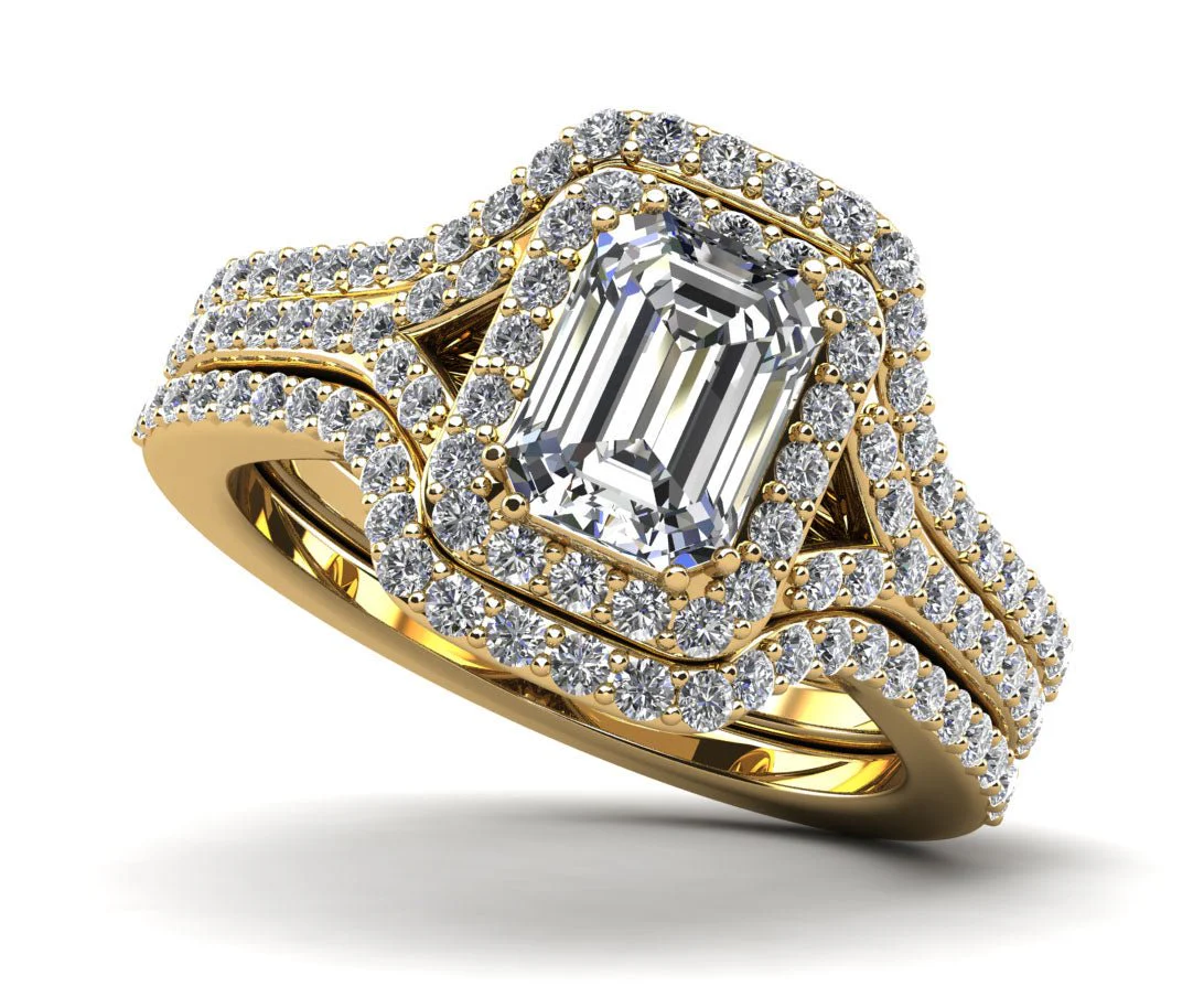 Emerald Cut Halo Diamond Wedding Set Ring with Split Shank Lab-Grown Diamond  with 1.25 ct. (0.70 ct. center diamond) - Image 2