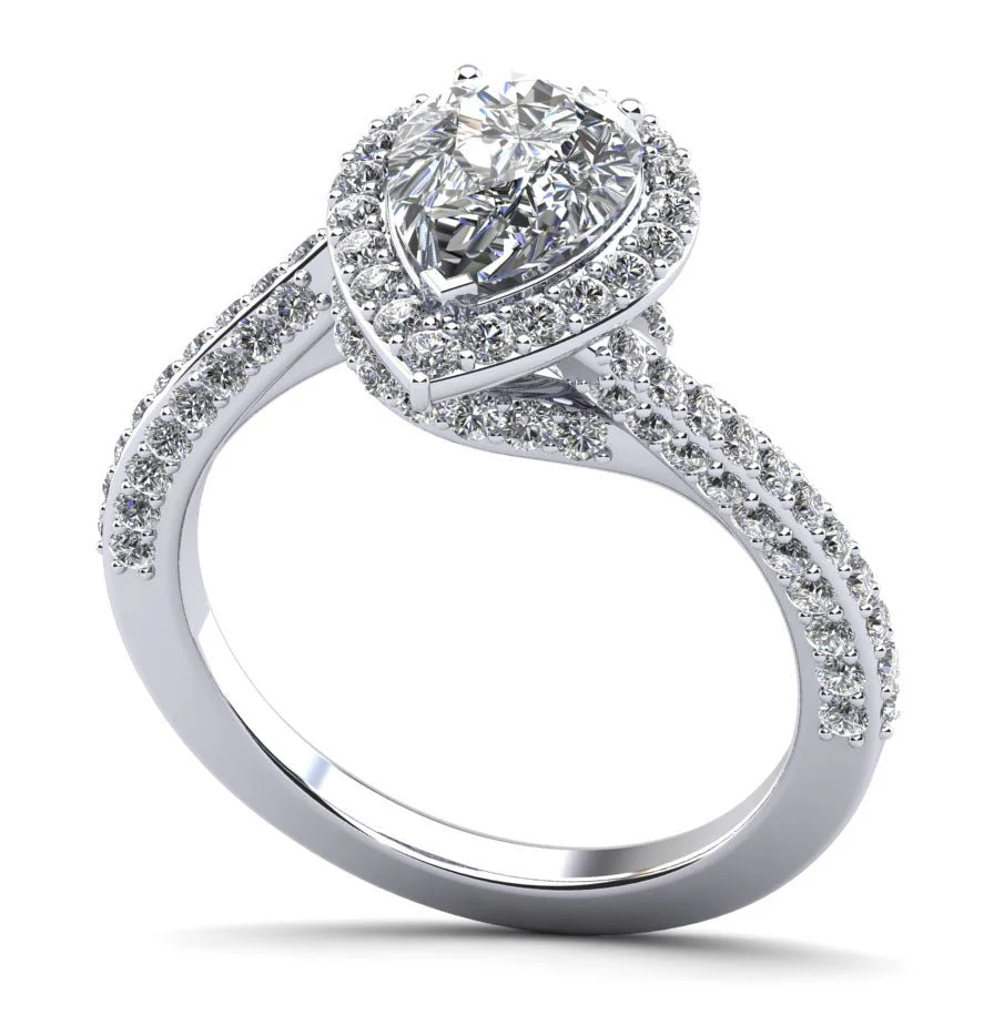 Exquisite Pear Shaped Halo Diamond Engagement Ring with 1.18 ct. (0.50 ct. center diamond)