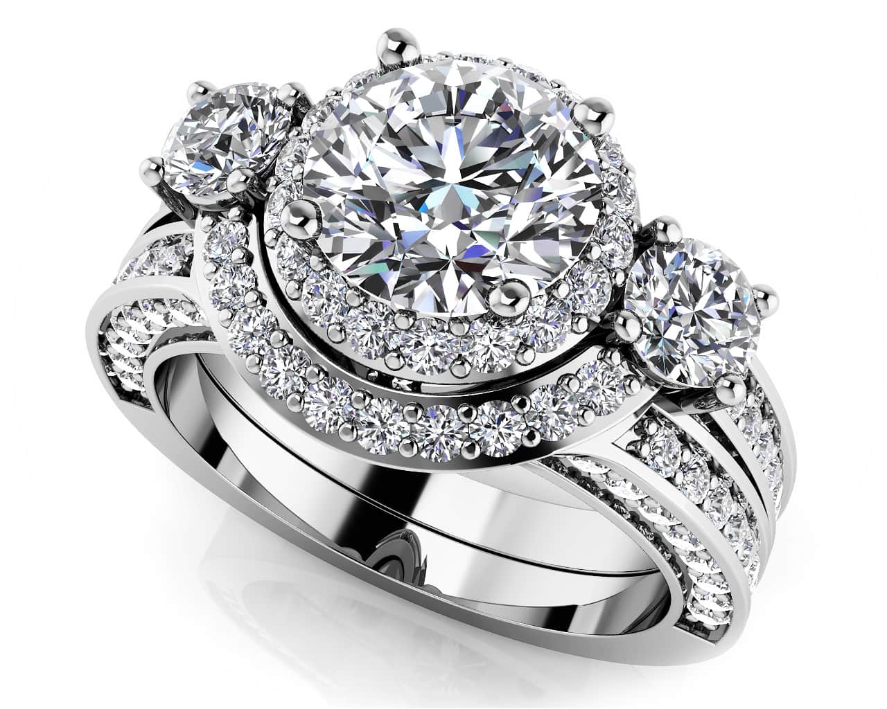 Exquisite Three Stone Diamond Halo Lab-Grown Diamond Bridal Set with 2.21 ct. (1.00 ct. center diamond)