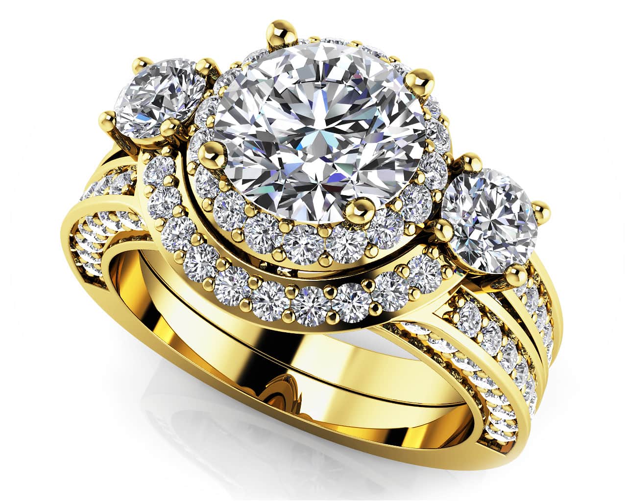 Exquisite Three Stone Diamond Halo Lab-Grown Diamond Bridal Set with 2.92 ct. (1.50 ct. center diamond) - Image 2