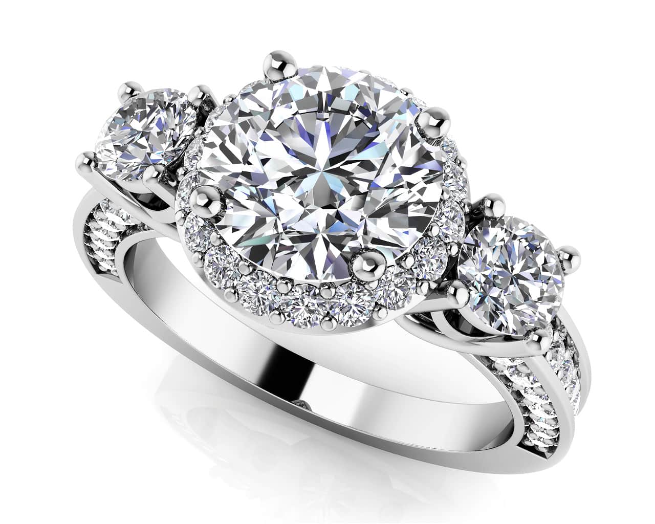 Exquisite Three Stone Diamond Halo Lab-Grown Diamond Engagement Ring with 1.12 ct. (0.50 ct. center diamond)