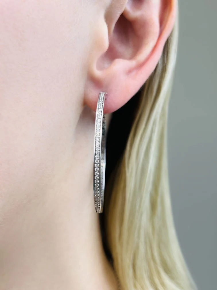Extra Large Prong Set Diamond Lined Hoops Lab-Grown Diamond with 0.92 ct.(finished) 1.3mm - Image 3