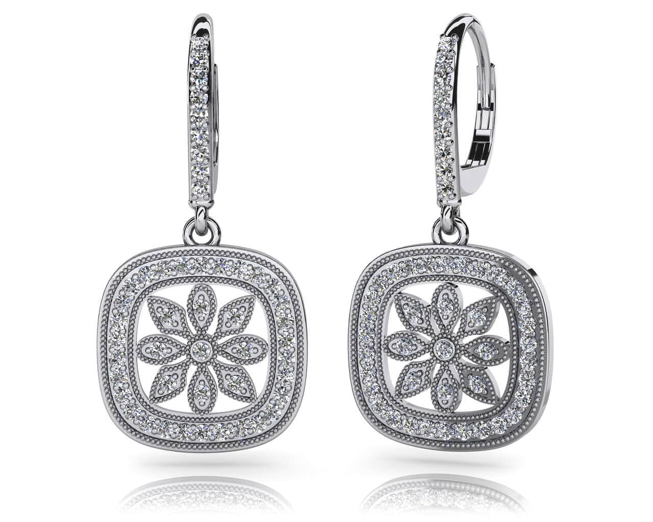 Floral Diamond Drop Diamond Earrings with 0.96 ct.(finished) 1.3mm