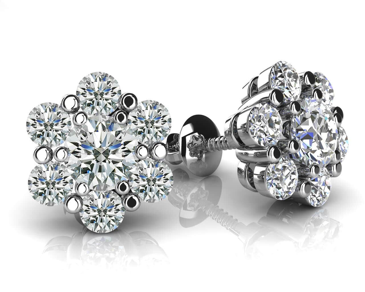 Flower Shaped Diamond Cluster Stud Diamond Earrings with 1.00 ct.(finished) 2.4mm, 3.7mm