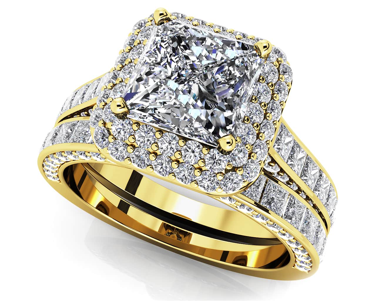 Glamorous Double Halo Princess Cut Bridal Set Diamond  with 4.10 ct. (2.00 ct. center diamond) - Image 2