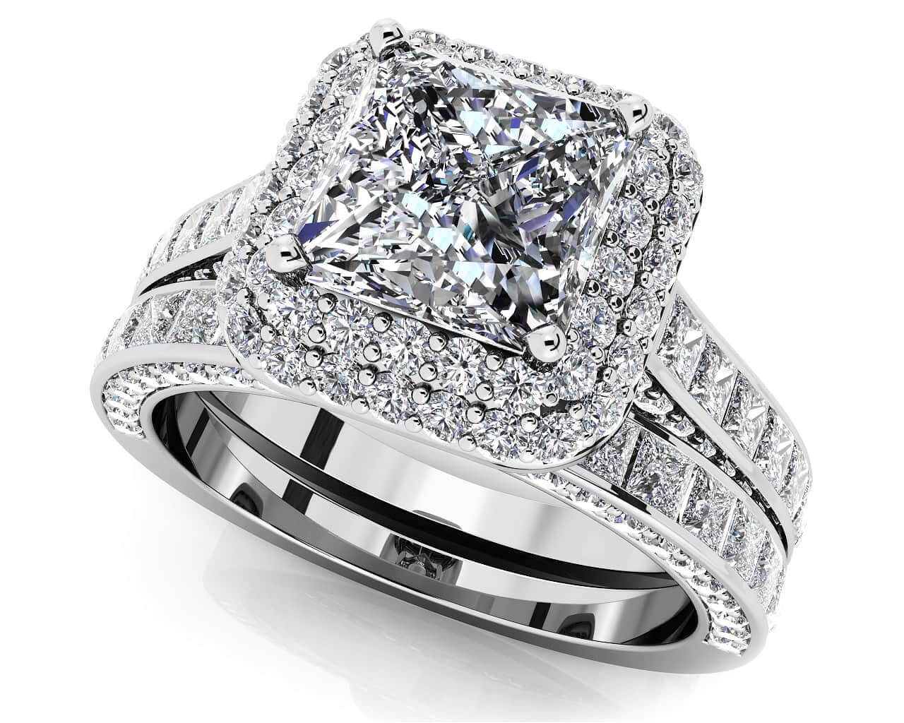 Glamorous Double Halo Princess Cut Lab-Grown Diamond Bridal Set with 4.10 ct. (2.00 ct. center diamond)
