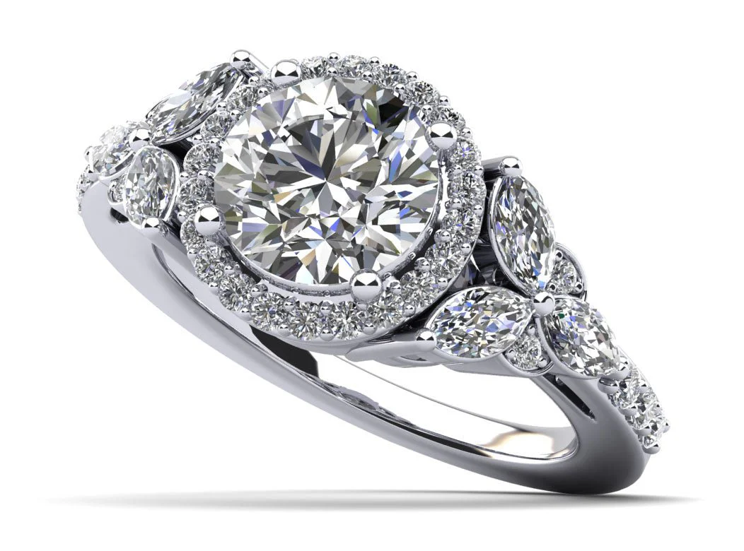 Halo Flower Engagement Ring with Round and Marquise Diamonds Lab-Grown Diamond with 1.90 ct. (1.00 ct. center diamond)