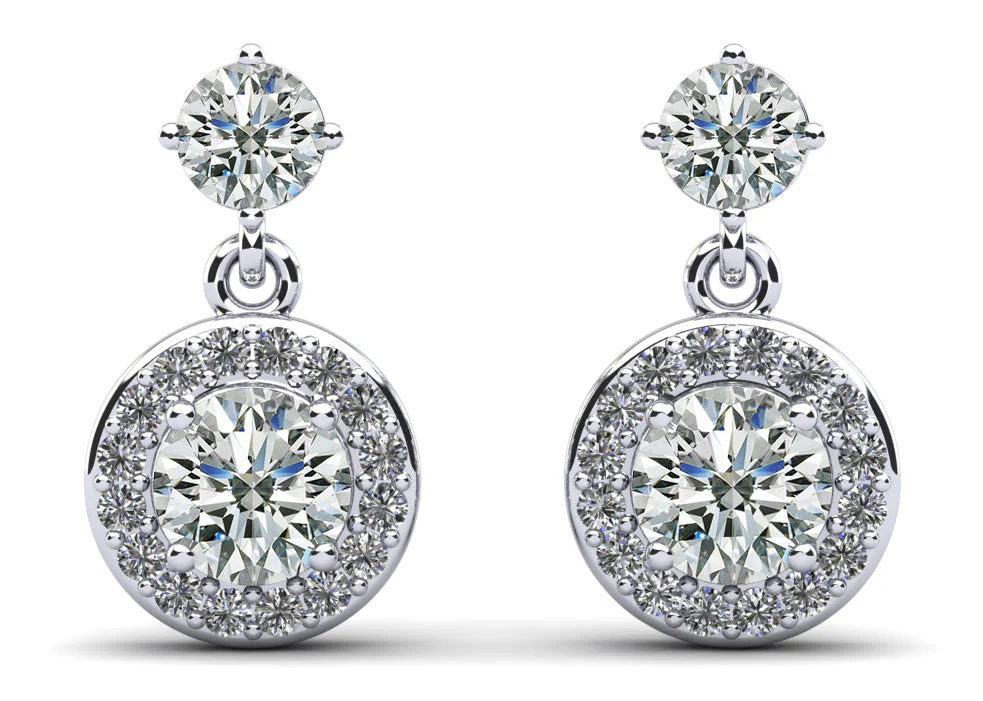 Heavenly Halo Drop Diamond Earrings with 2.00 ct.(finished) 1.1mm, 3.8mm, 5.5mm
