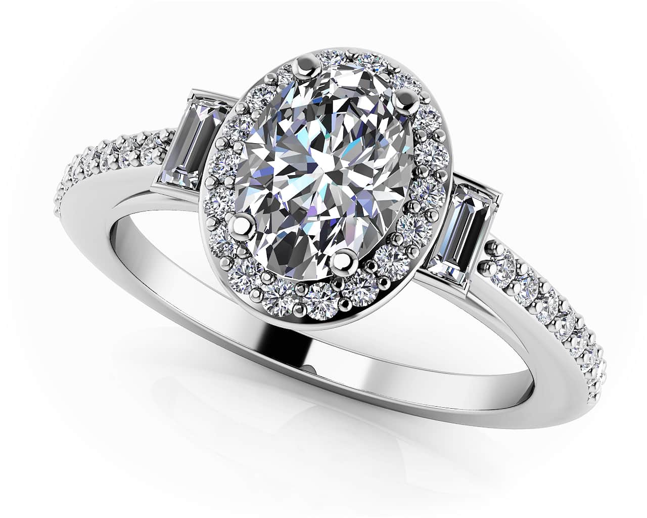 Luxurious Oval And Baguette Halo Diamond Ring Lab-Grown Diamond with 1.38 ct. (1.00 ct. center diamond)