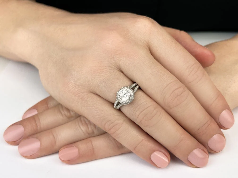 Milgrain Cushion Cut Halo Ring Diamond with 1.14 ct. (0.50 ct. center diamond) - Image 3