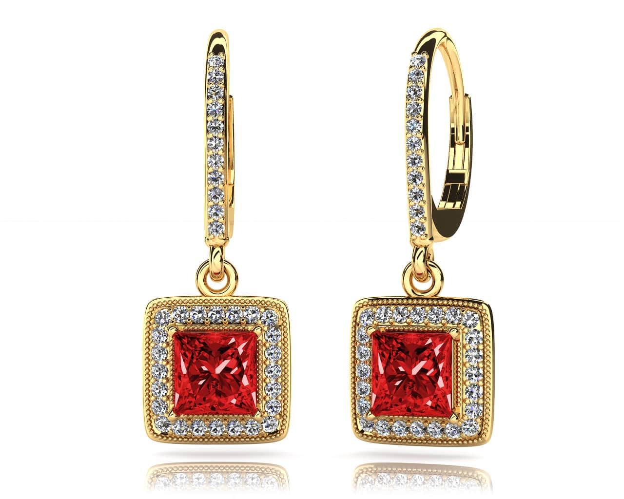 Milgrain Princess Cut Diamond And Gem Diamond Earrings with 0.67 ct.(finished) 1.1mm, 3.0mm - Image 2