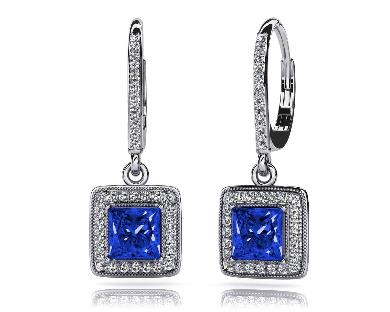 Milgrain Princess Cut Diamond And Gem Diamond Earrings with 2.12 ct.(finished) 1.0mm, 5.2mm