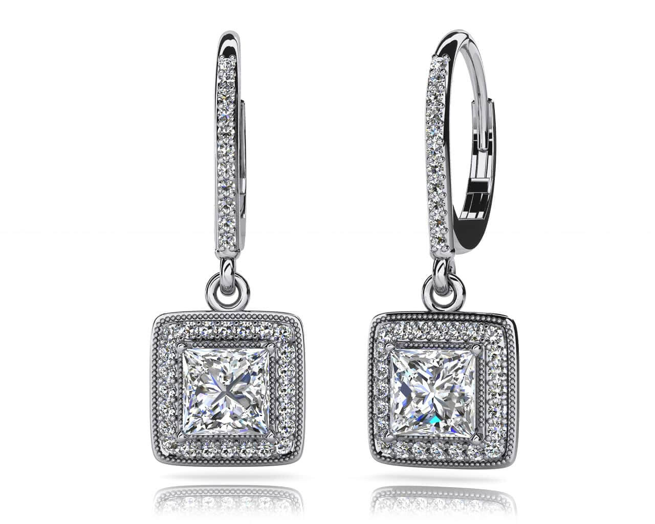 Milgrain Princess Cut Diamond Drop Diamond Earrings with 1.55 ct. (2X0.60 ct. center diamonds)