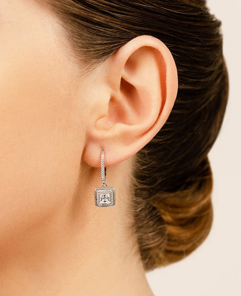 Milgrain Princess Cut Diamond Drop Lab-Grown Diamond Earrings with 0.67 ct. (2X0.16 ct. center diamonds) - Image 4