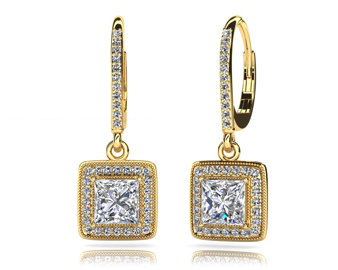 Milgrain Princess Cut Diamond Drop Lab-Grown Diamond Earrings with 1.11 ct. (2X0.40 ct. center diamonds) - Image 2