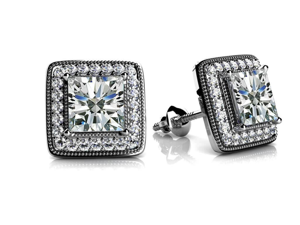 Milgrain Princess Cut Lab-Grown Diamond Stud Earrings with 0.52 ct. (2X0.15 ct. center diamonds)