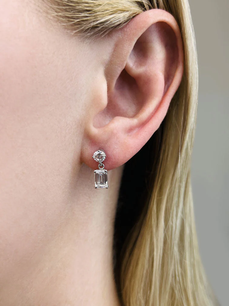 Modern Twist Emerald Cut Drop Diamond Earrings with 2.07 ct.(finished) 6.5x4.5mm, 4.25mm - Image 3