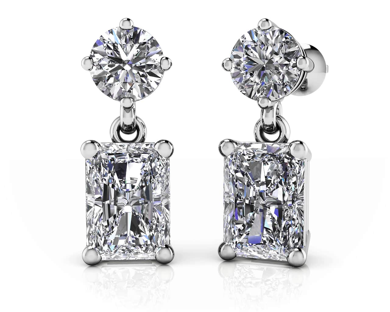 Modern Twist Emerald Cut Drop Diamond Earrings with 2.70 ct.(finished) 7x5mm, 4.5mm