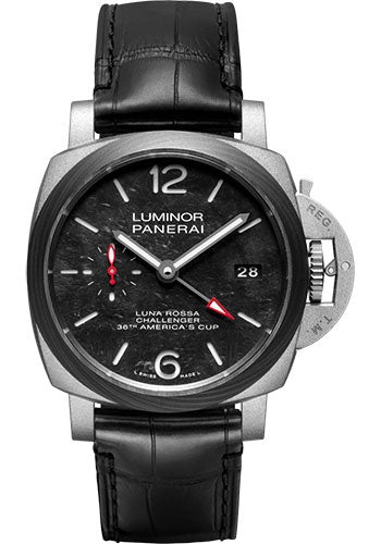 Pre-owned Panerai Luminor Luna Rossa GMT - 42mm - Sand-Blasted Titanium - Panerai Scafotech™ Black Dial - PAM01096