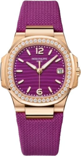 Patek Philippe Nautilus Date Sweep Seconds Quartz Rose Gold/Diamonds Lacquered Purple Dial Fabric Strap | 7010R-013
