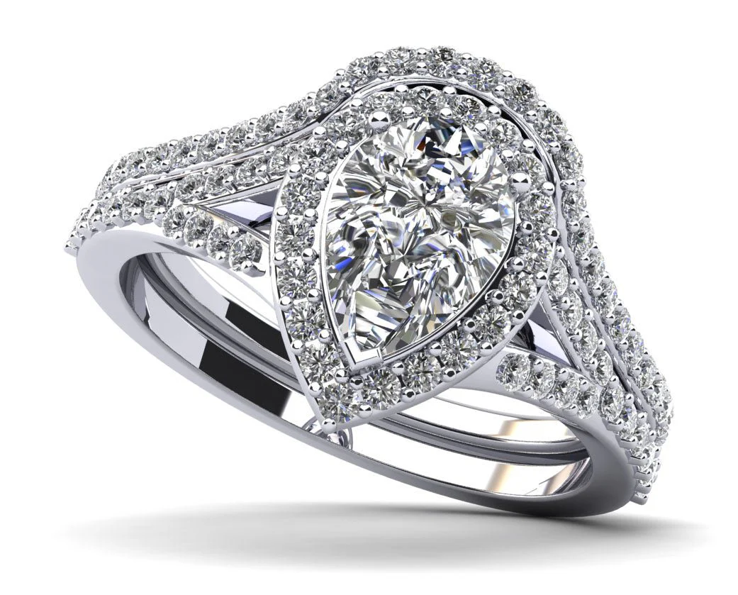 Pear Shape Halo Diamond Bridal Set Diamond with 1.07 ct. (0.50 ct. center diamond)