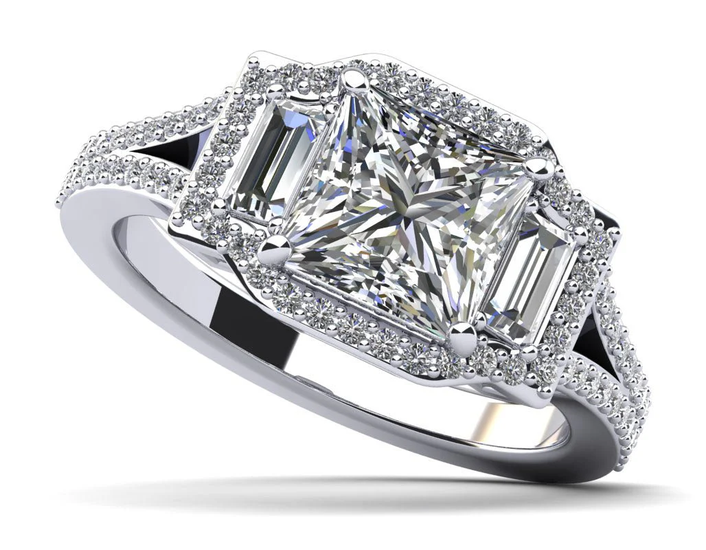 Princess and Baguettes Halo Diamond Engagement Ring with 2.17 ct. (1.50 ct. center diamond)