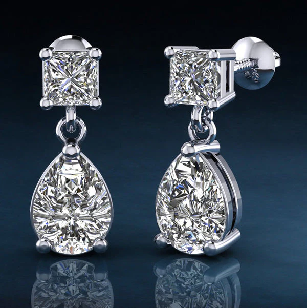 Princess Cut Diamond TearDrop Diamond Earrings with 2.81 ct.(finished) 9x6mm, 4mm - Image 5