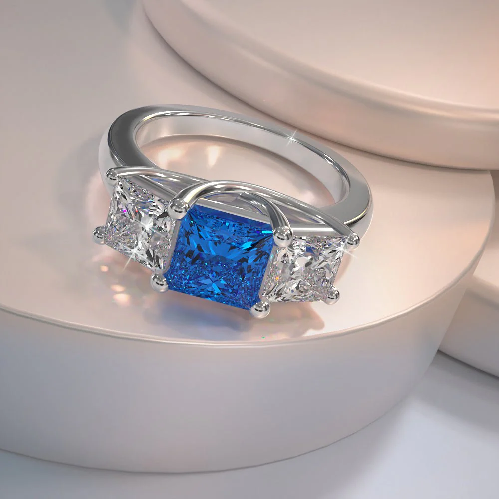 Princess Cut Swirl Three Stone Lab-Grown Diamond Ring with 2.00 ct.(finished) 4.5mm, 5.5mm Sapphire - Image 3