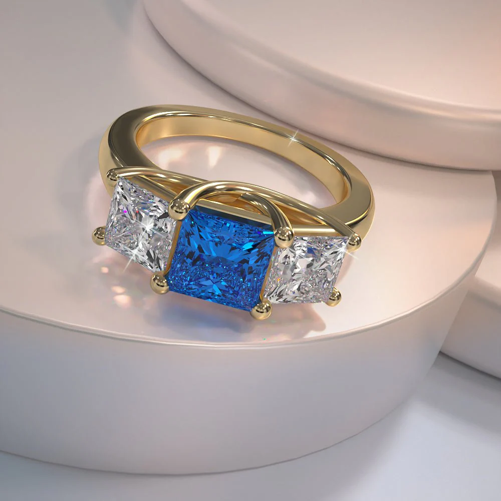 Princess Cut Swirl Three Stone Lab-Grown Diamond Ring with 2.00 ct.(finished) 4.5mm, 5.5mm Sapphire - Image 4