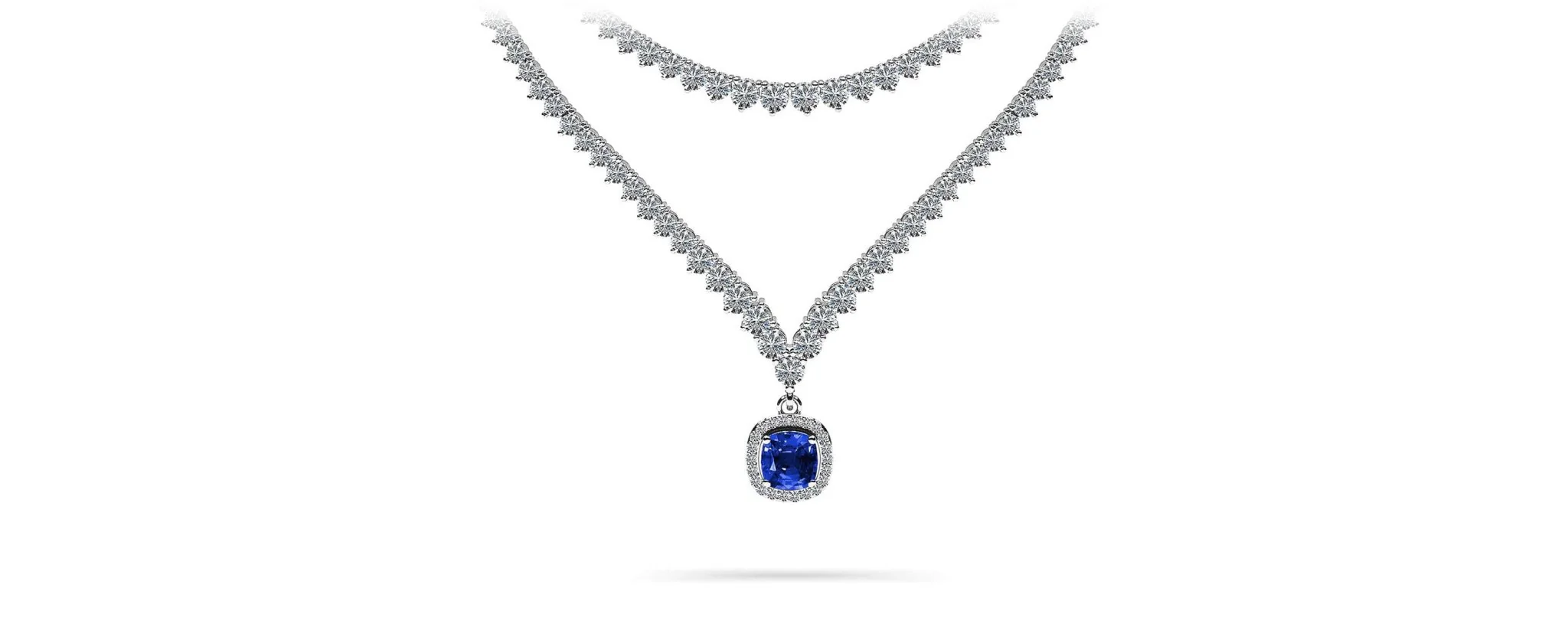 Ravishing Cushion Cut 2 Row 3 Prong Diamond Necklace with 16.10 ct.(finished) Emerald