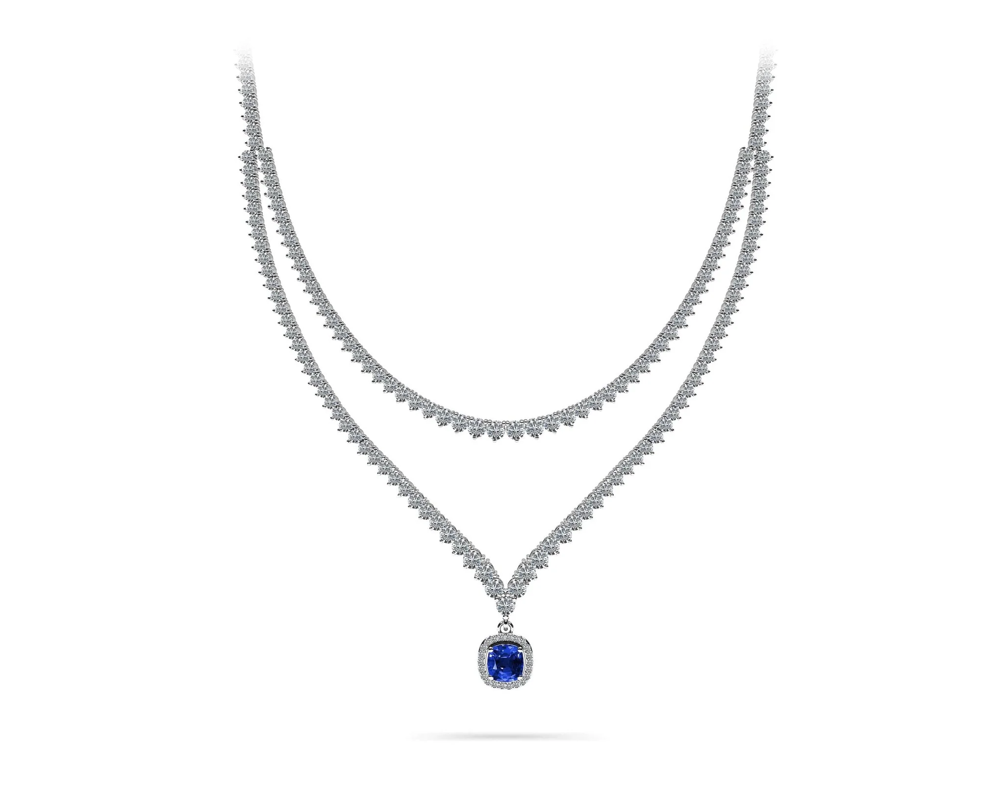 Ravishing Cushion Cut 2 Row 3 Prong Diamond Necklace with 16.10 ct.(finished) Sapphire - Image 3