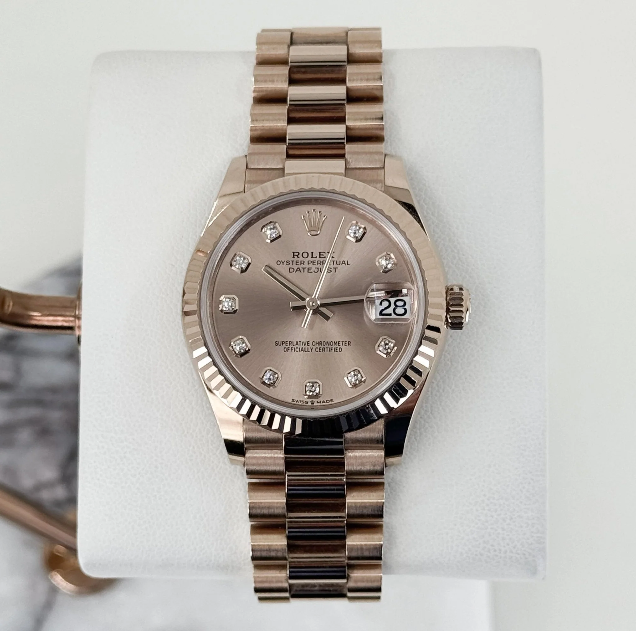 Rolex Datejust 31 Lady Midsize Rose Gold Chocolate Diamond Dial & Fluted Bezel President Bracelet 278275 - Image 4