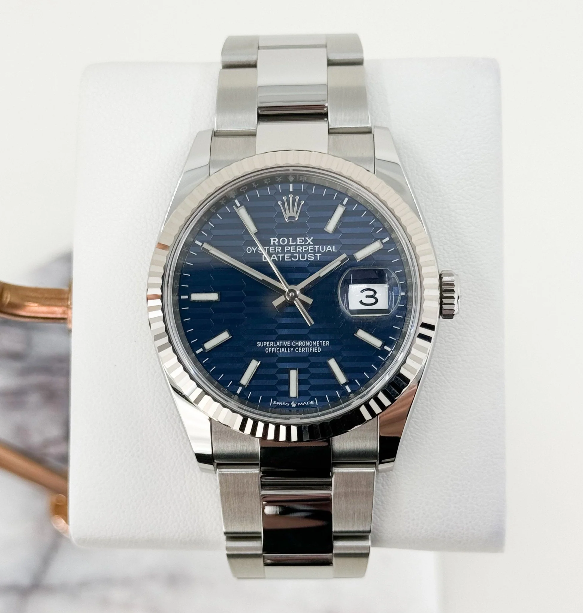 Rolex Datejust 36 White Gold/Steel Blue Motif Index Dial & Fluted Bezel Oyster Bracelet 126234 - Image 2