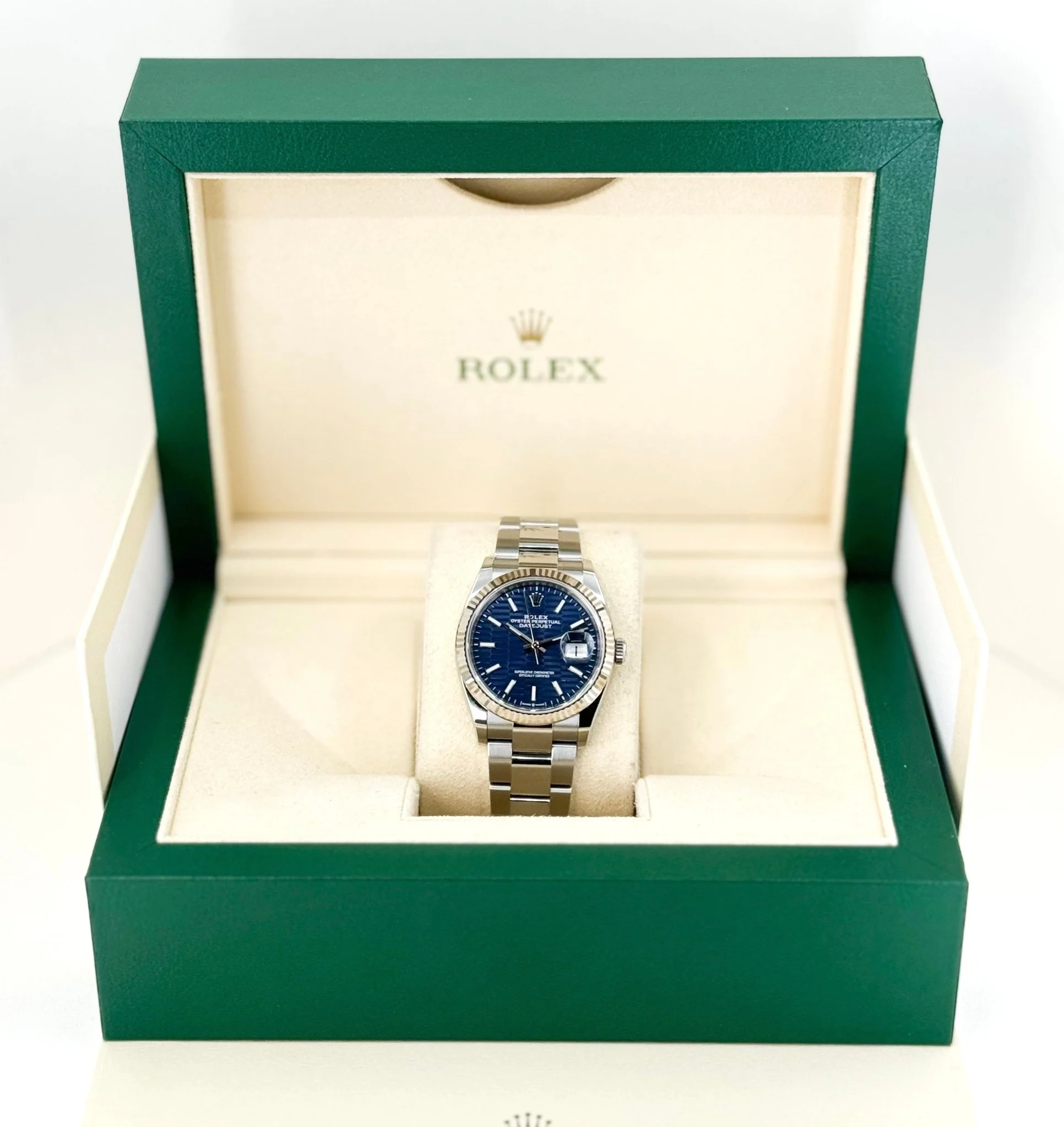 Rolex Datejust 36 White Gold/Steel Blue Motif Index Dial & Fluted Bezel Oyster Bracelet 126234 - Image 4